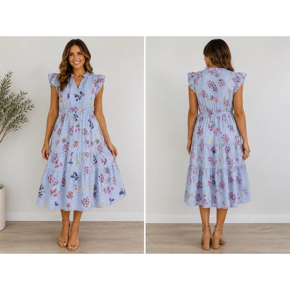NWT Lapogee Cotton Linen Blue White Pink Floral Midi Dress Size M Ruffle Belt